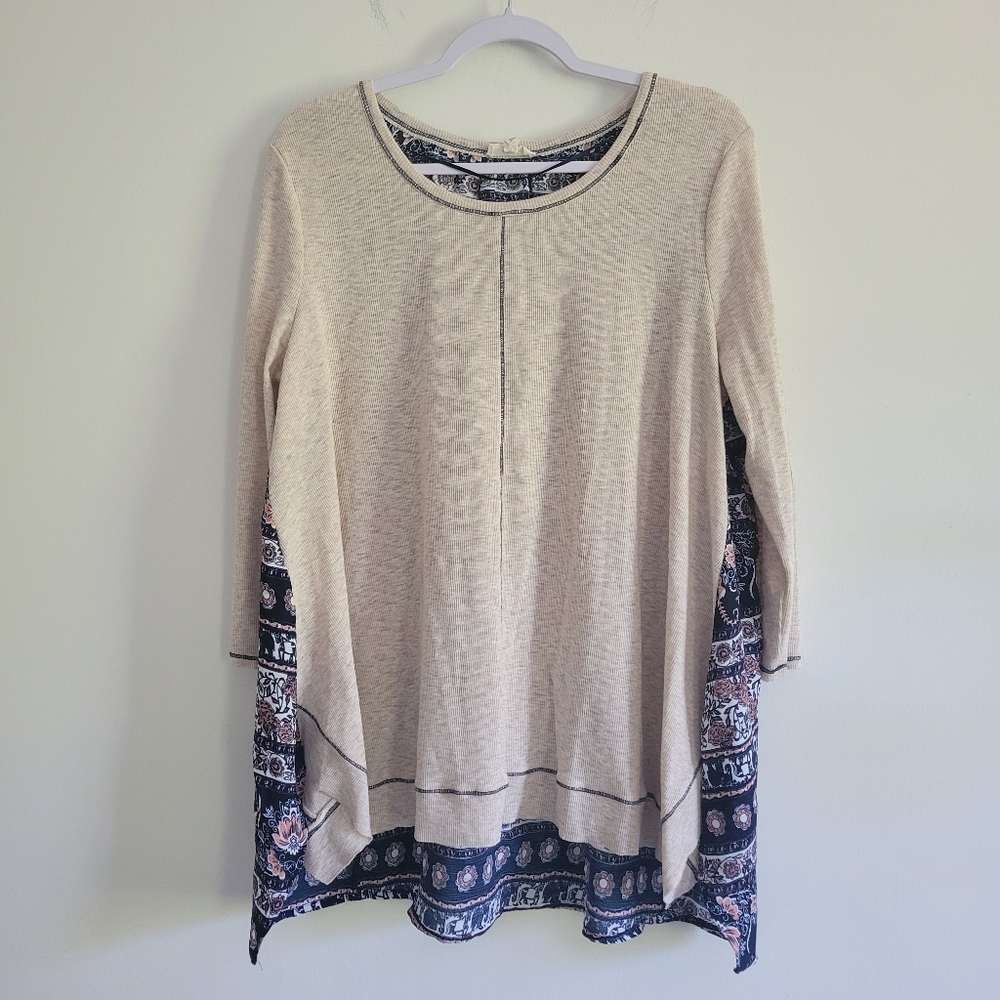 ODDI Mixed-Media Chiffon Floral Print Back Detail Boho Hi-Low Flowy Top 1X
